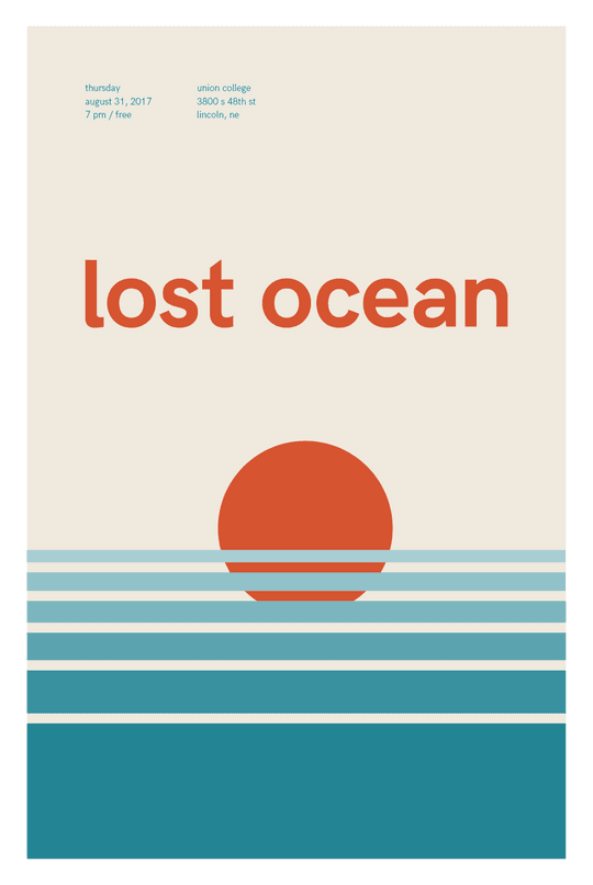 Gig poster for Lost Ocean done in the style of Swiss design. Illustrates an ocean sunset.