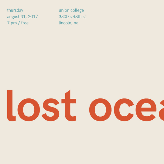 Gig poster for Lost Ocean done in the style of Swiss design. Illustrates an ocean sunset.