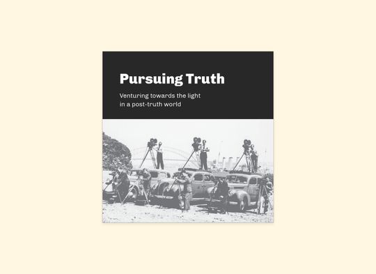 An Instagram post that reads, “Pursuing Truth. Venturing towards the light in a post-truth world.” Showcases early 20th century news broadcasters lined up with film cameras, three of whom are standing on the roofs of three separate cars.