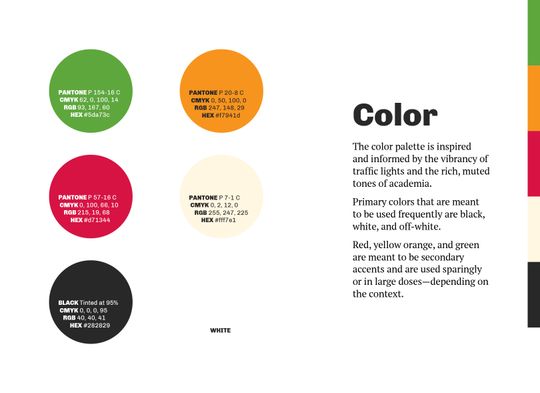 Description of the color palette. Reads: “Color. The color palette is inspired and informed by the vibrancy of traffic lights and the rich, muted tones of academia. Primary colors that are meant to be used frequently are black, white, and off-white. Red, yellow orange, and green are meant to be secondary accents and are used sparingly or in large doses—depending on the context.”