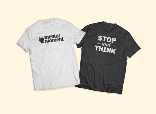 Two t-shirt mockups: one with the logo on the front and the other with the tagline, “stop and think,” on the back
