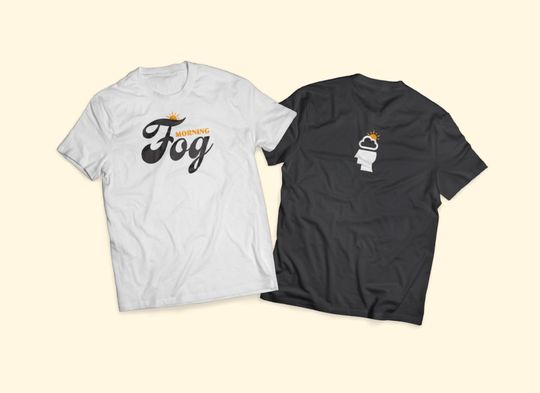 Two t-shirt mockups: one showing the logo on the front, and the other showing the icon on the back