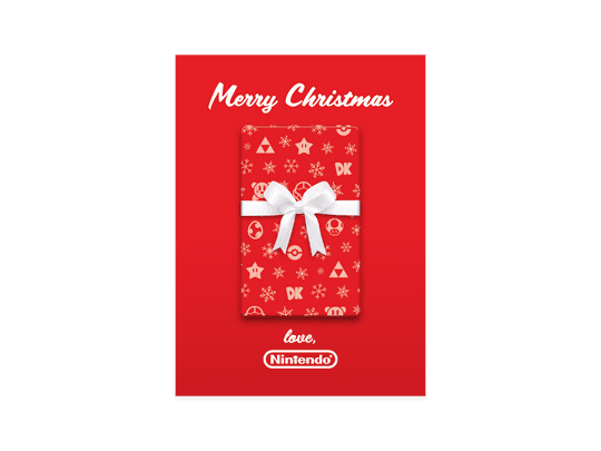 The Magazine ad reads: “Merry Christmas. Love, Nintendo”. In the center is Nintendo-themed gift wrap with a white bow.