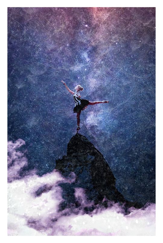 Poster that shows a ballet dancer reaching the stars by balancing on the very top of a mountain