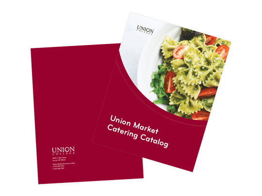 Front and back cover mockups of the catering catalog. Front cover showcases a delightful pasta salad with bow tie pasta, vibrant tomatoes, and romaine lettuce. Titled: “Union Market Catering Catalog.” Back cover shows Union College’s logo, address, and contact info.