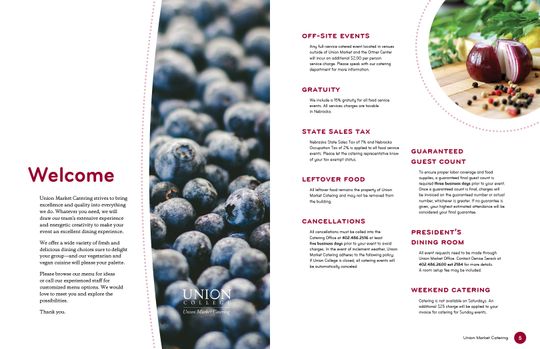 Interior spread showing the “welcome” section set with photos of some delicious blueberries and a purple onion with spices. Provides important information about costs, scheduling, dining, etc.